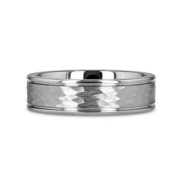 THORNTON Hammered Finish Center White Tungsten Carbide Wedding Band with Dual Offset Grooves and Polished Edges - 6mm & 8mm - Larson Jewelers