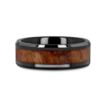 THRACIAN Carpathian Wood Inlaid Black Ceramic Ring with Bevels - 6mm & 8mm - Larson Jewelers