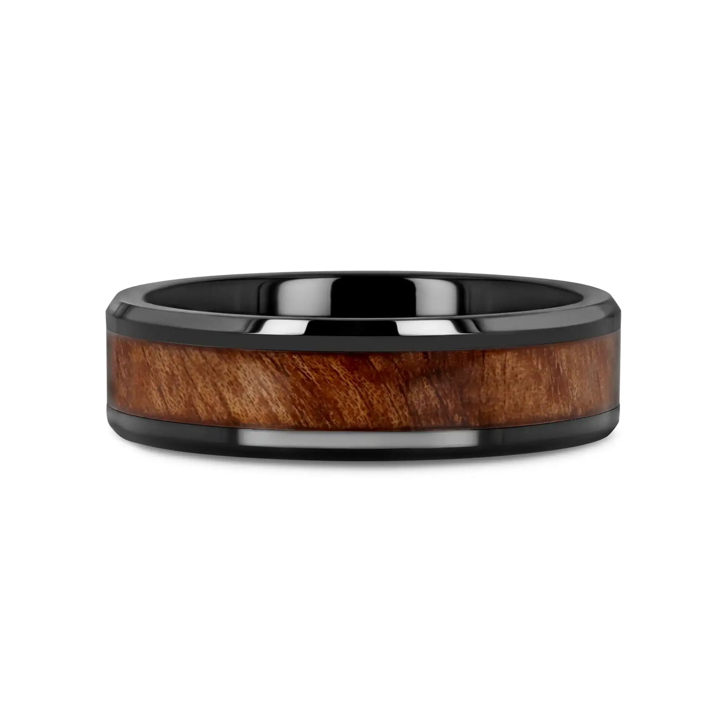 THRACIAN Carpathian Wood Inlaid Black Ceramic Ring with Bevels - 6mm & 8mm - Larson Jewelers