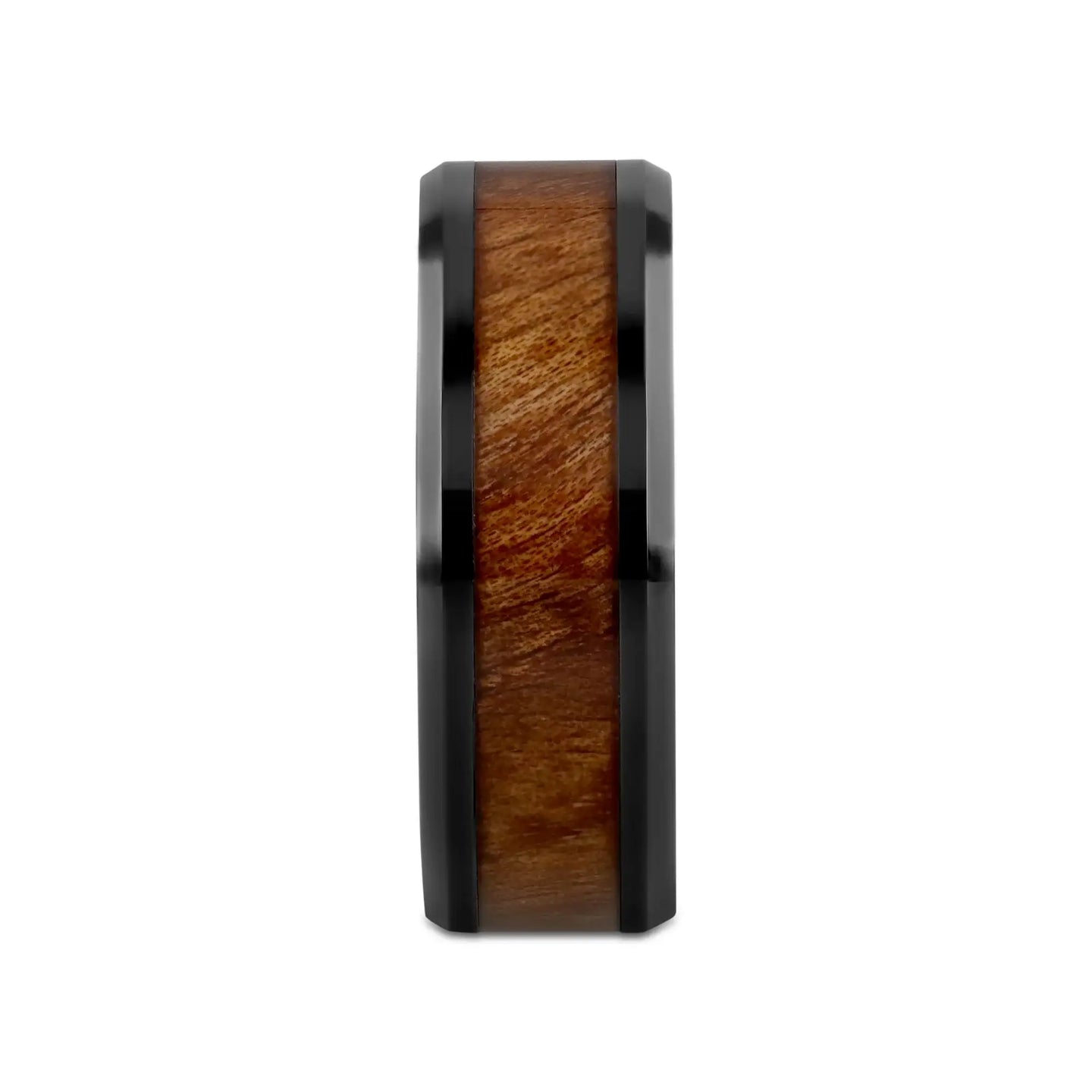 THRACIAN Carpathian Wood Inlaid Black Ceramic Ring with Bevels - 6mm & 8mm - Larson Jewelers