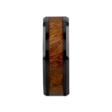 THRACIAN Carpathian Wood Inlaid Black Ceramic Ring with Bevels - 6mm & 8mm - Larson Jewelers