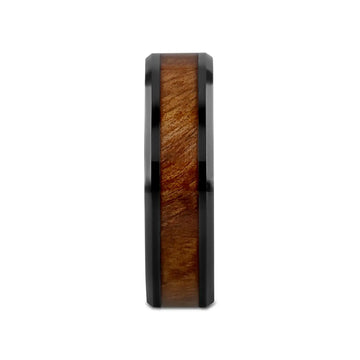 THRACIAN Carpathian Wood Inlaid Black Ceramic Ring with Bevels - 6mm & 8mm - Larson Jewelers