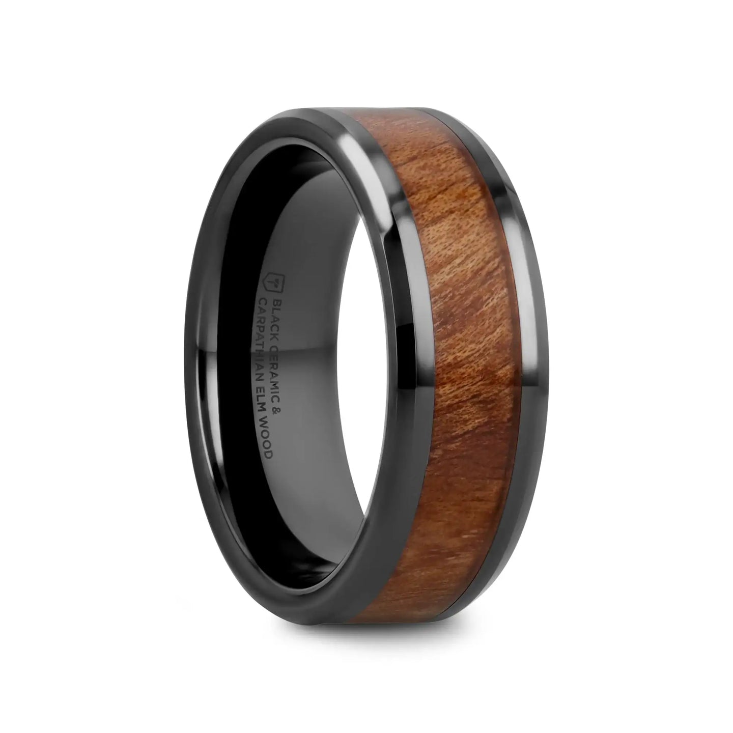 THRACIAN Carpathian Wood Inlaid Black Ceramic Ring with Bevels - 6mm & 8mm - Larson Jewelers
