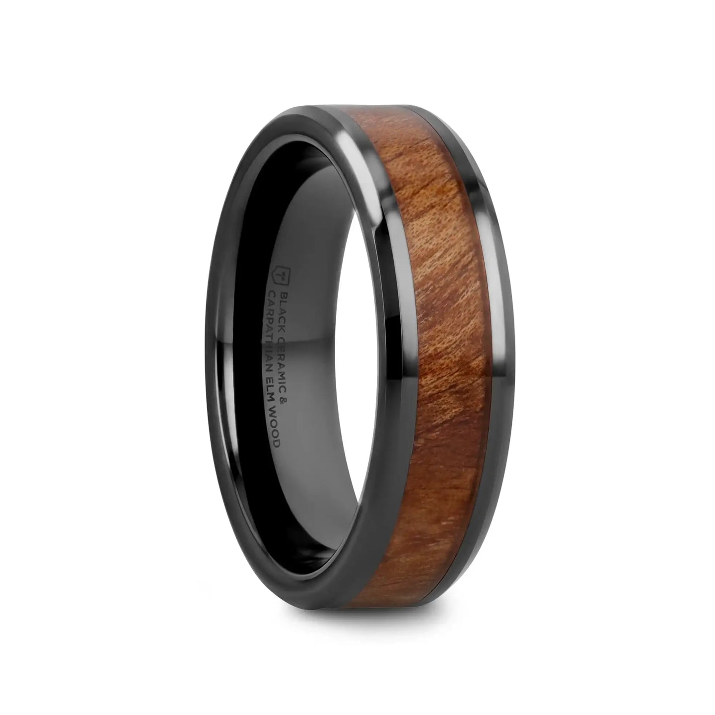 THRACIAN Carpathian Wood Inlaid Black Ceramic Ring with Bevels - 6mm & 8mm - Larson Jewelers