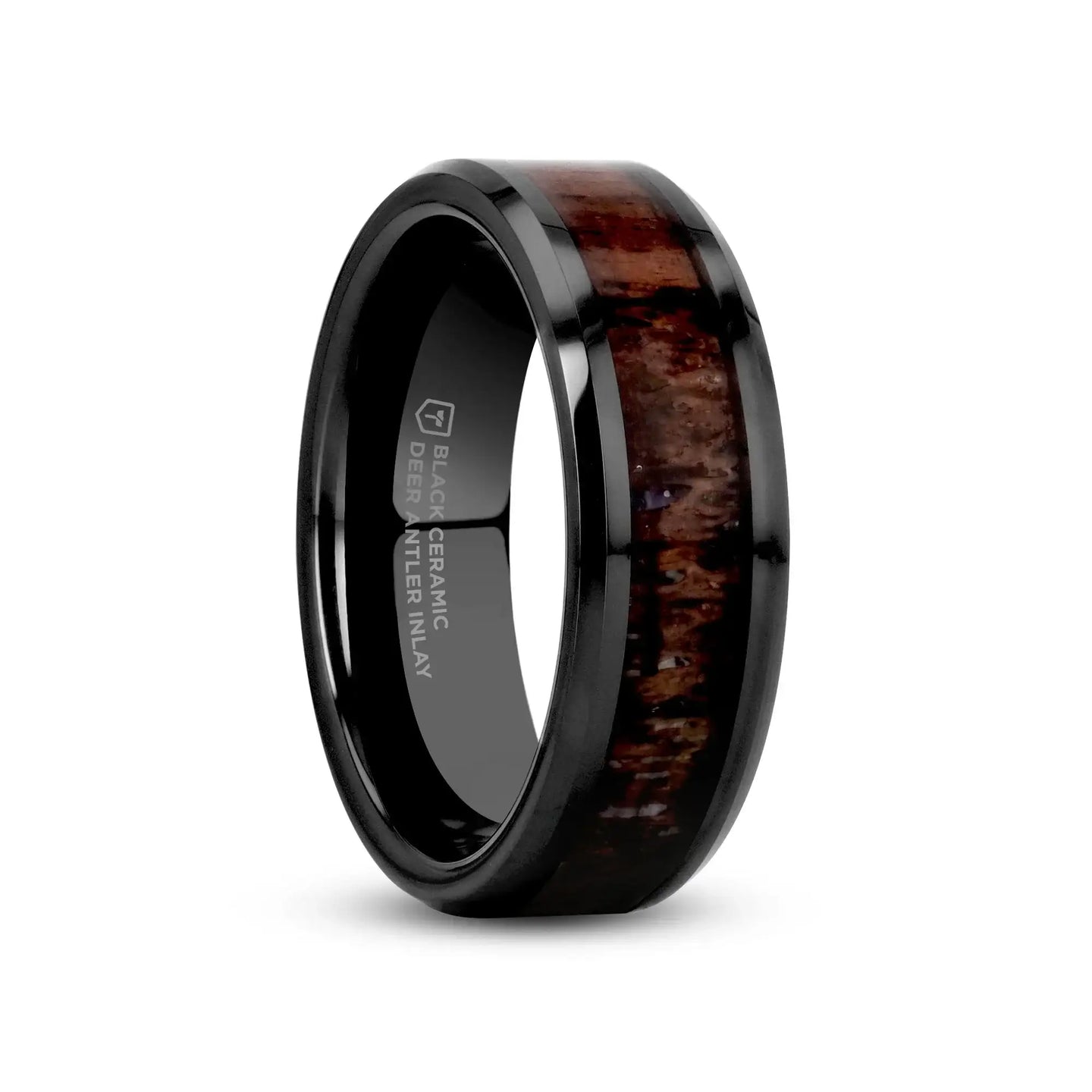TINE Black Ceramic Polished Beveled Men's Wedding Band with Dark Brown Antler Inlay - 6mm & 8mm - Larson Jewelers