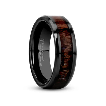 TINE Black Ceramic Polished Beveled Men's Wedding Band with Dark Brown Antler Inlay - 6mm & 8mm - Larson Jewelers