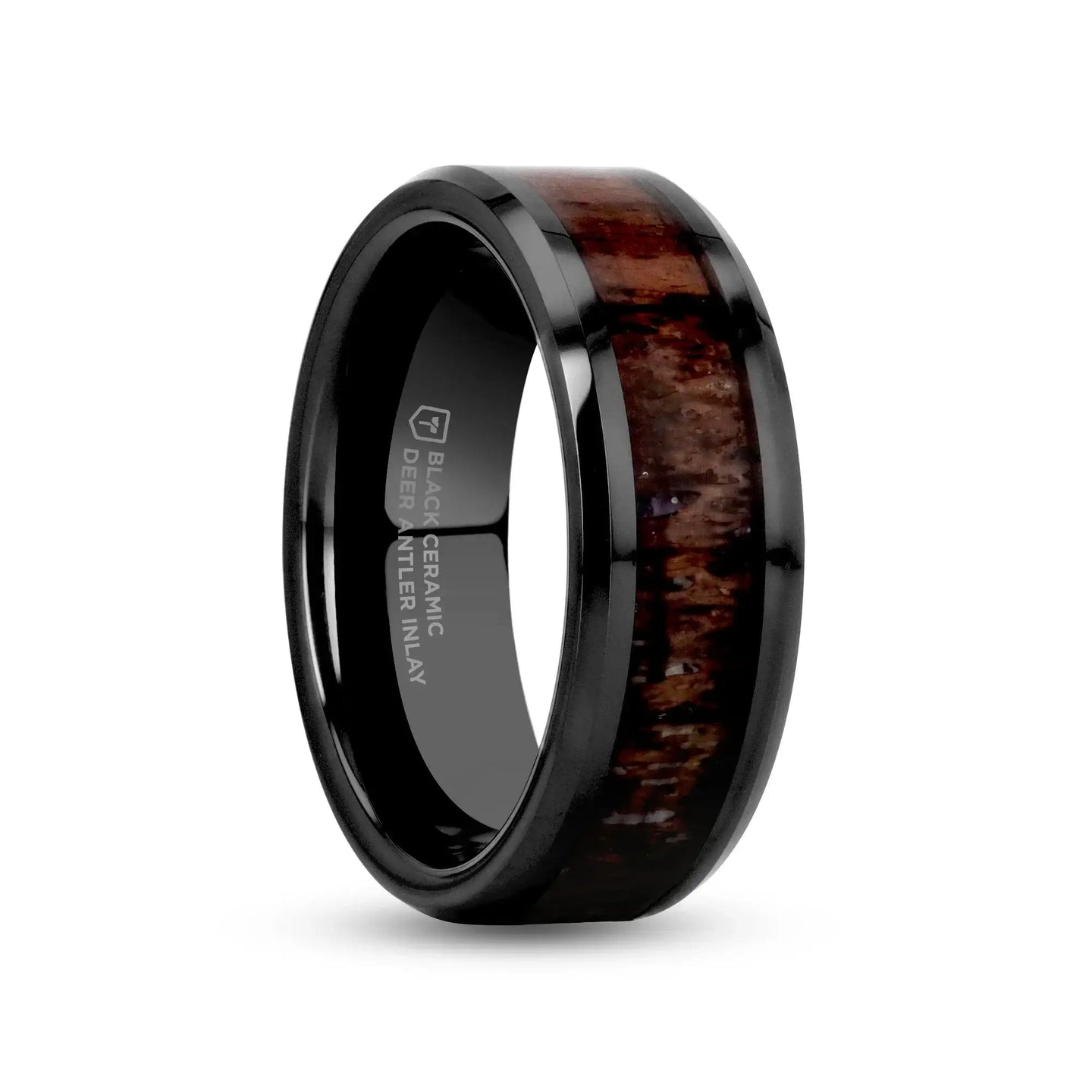 TINE Black Ceramic Polished Beveled Men's Wedding Band with Dark Brown Antler Inlay - 6mm & 8mm - Larson Jewelers