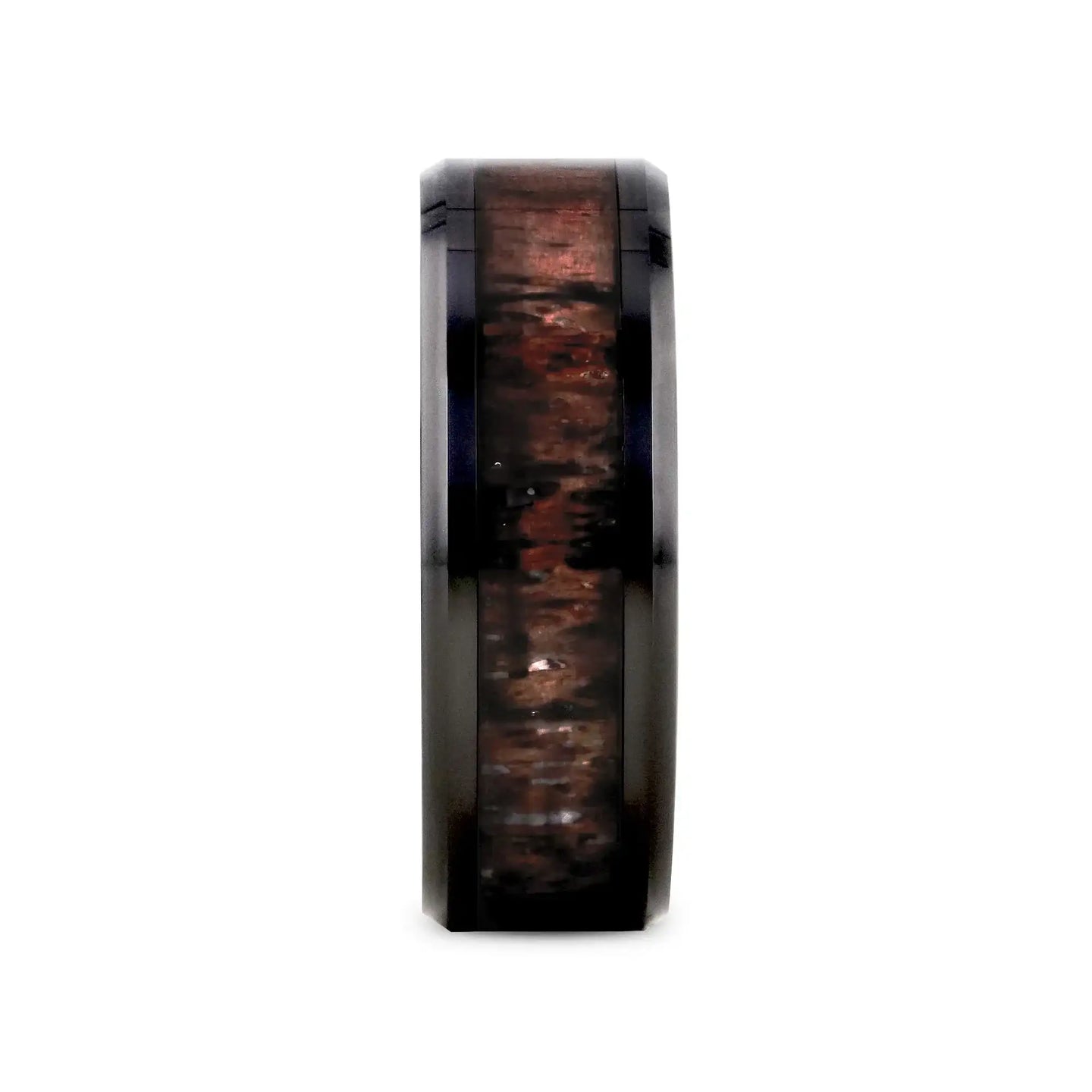 TINE Black Ceramic Polished Beveled Men's Wedding Band with Dark Brown Antler Inlay - 6mm & 8mm - Larson Jewelers