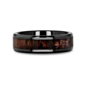 TINE Black Ceramic Polished Beveled Men's Wedding Band with Dark Brown Antler Inlay - 6mm & 8mm - Larson Jewelers
