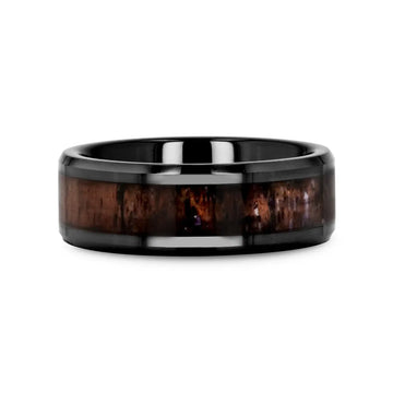 TINE Black Ceramic Polished Beveled Men's Wedding Band with Dark Brown Antler Inlay - 6mm & 8mm - Larson Jewelers