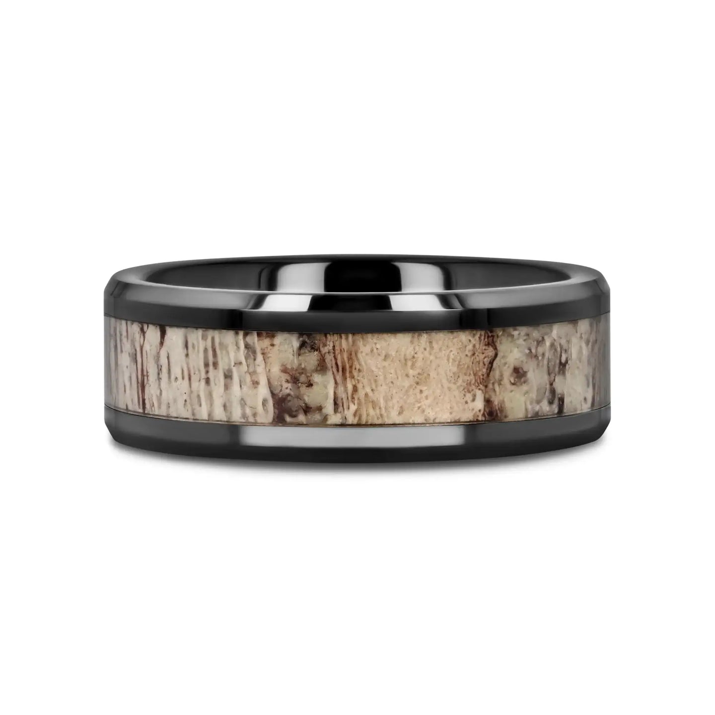 TRES Beveled Black Ceramic Polished Men's Wedding Band with Ombre Antler Inlay - 8mm - Larson Jewelers