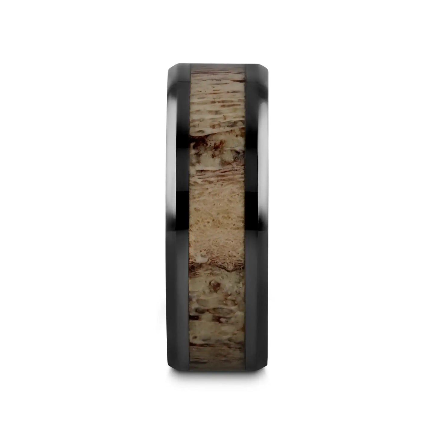 TRES Beveled Black Ceramic Polished Men's Wedding Band with Ombre Antler Inlay - 8mm - Larson Jewelers