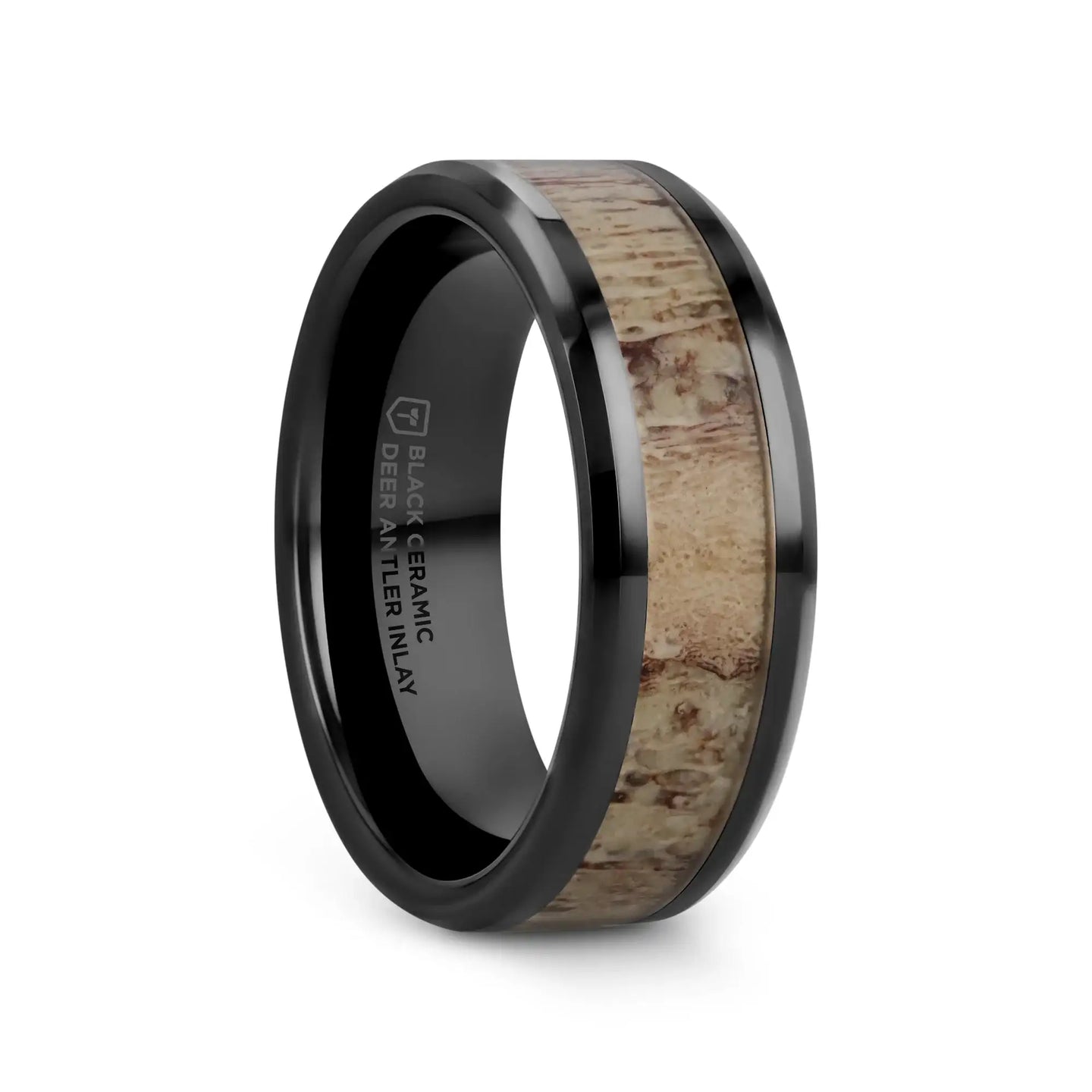 TRES Beveled Black Ceramic Polished Men's Wedding Band with Ombre Antler Inlay - 8mm - Larson Jewelers