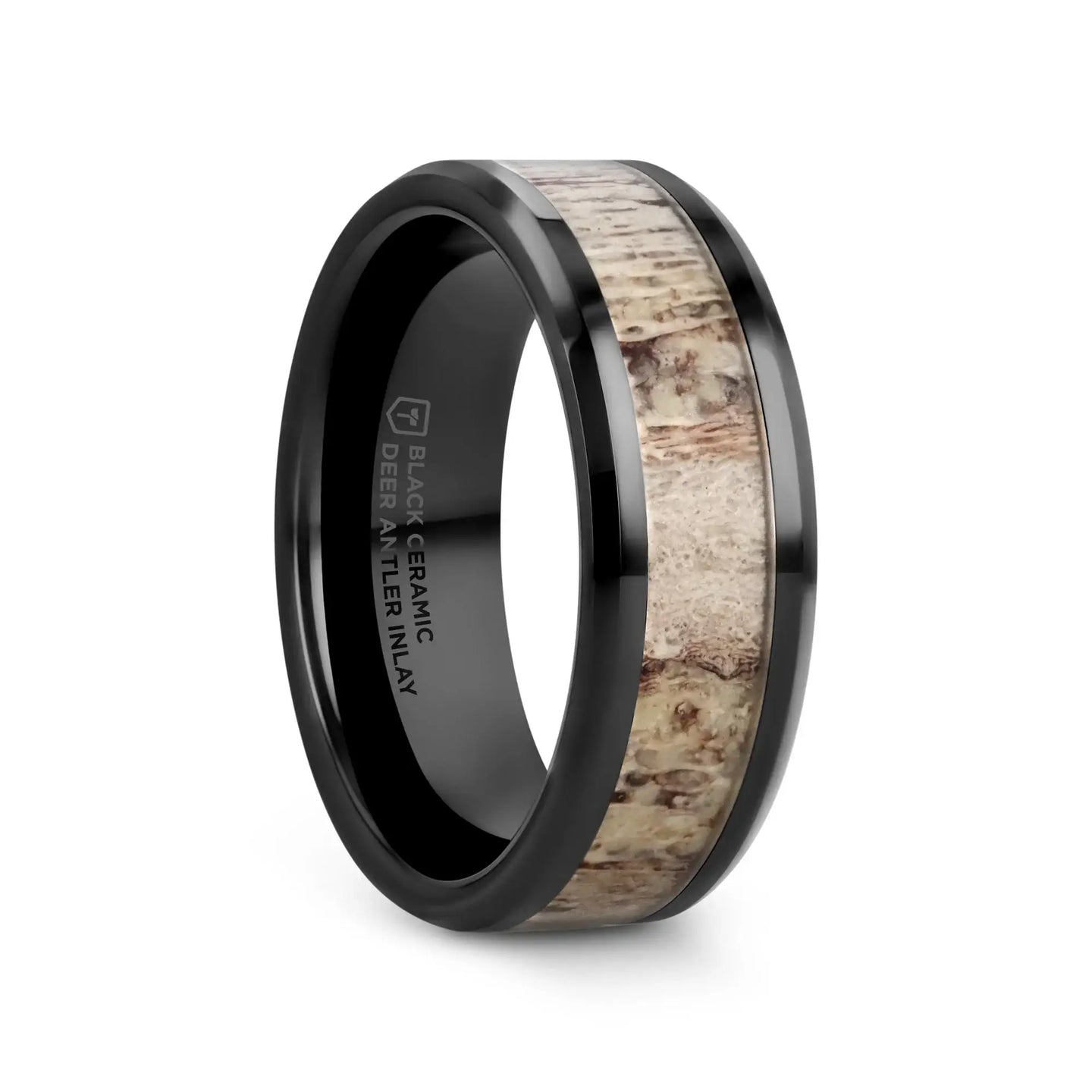 TRES Beveled Black Ceramic Polished Men's Wedding Band with Ombre Antler Inlay - 8mm - Larson Jewelers