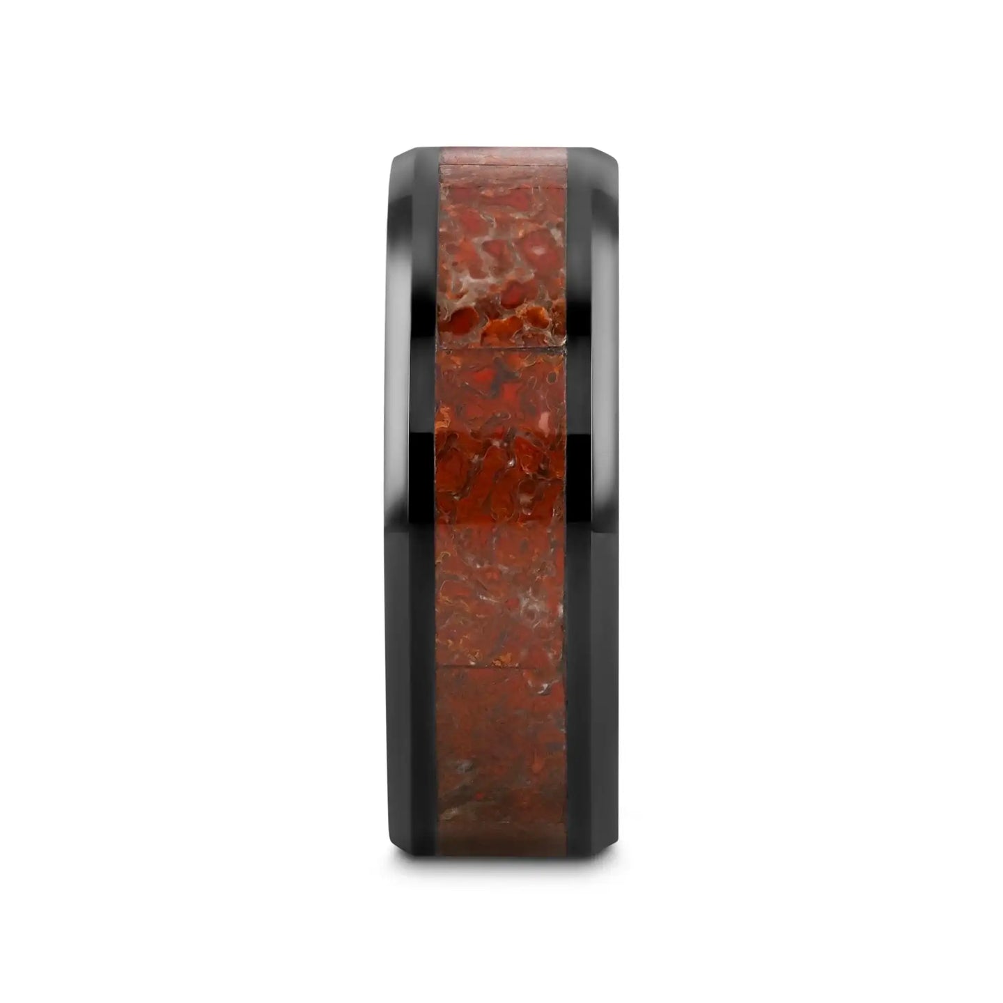 TRIASSIC Red Dinosaur Bone Inlaid Black Ceramic Beveled Edged Ring - 4mm & 8mm - Larson Jewelers