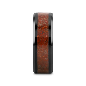 TRIASSIC Red Dinosaur Bone Inlaid Black Ceramic Beveled Edged Ring - 4mm & 8mm - Larson Jewelers