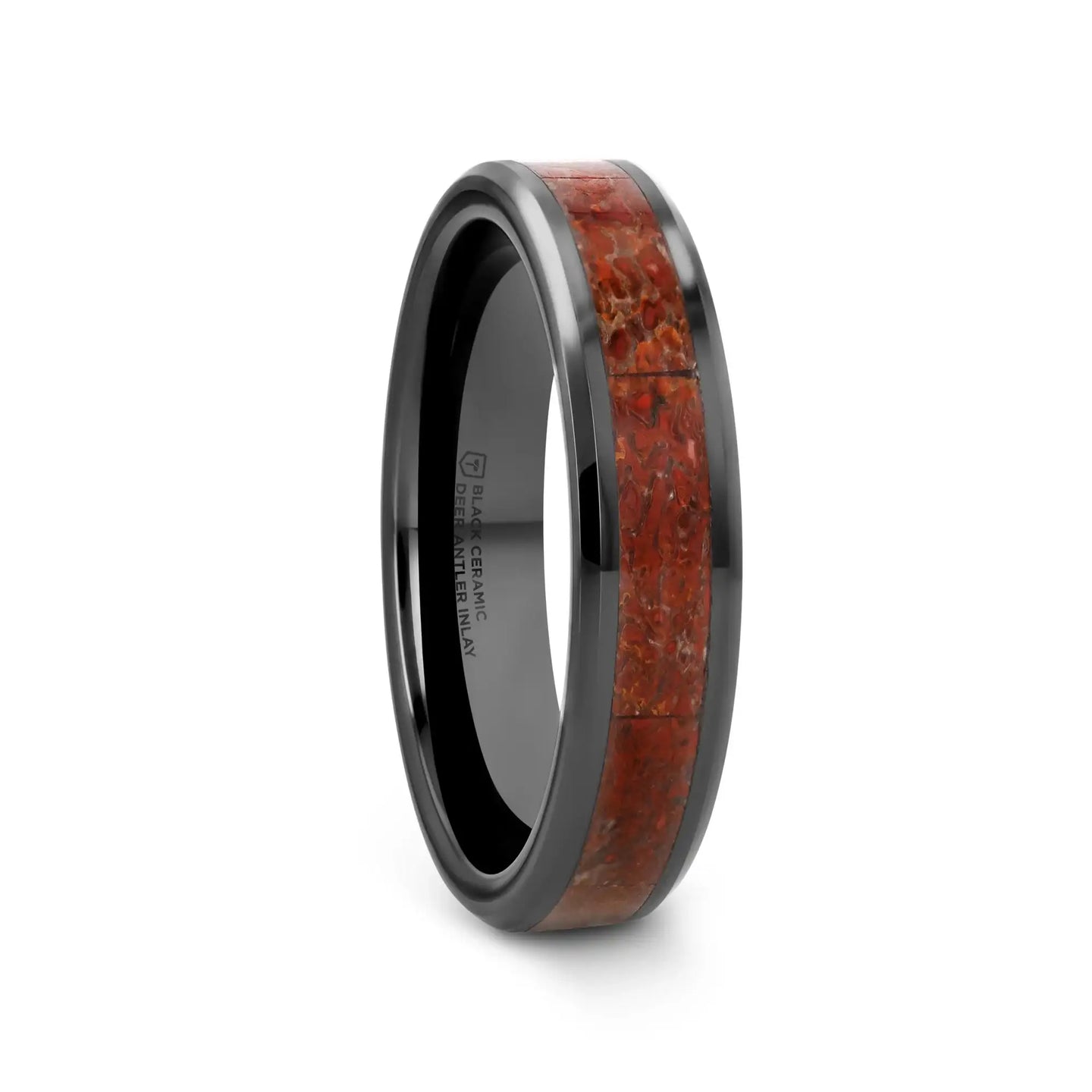 TRIASSIC Red Dinosaur Bone Inlaid Black Ceramic Beveled Edged Ring - 4mm - Larson Jewelers