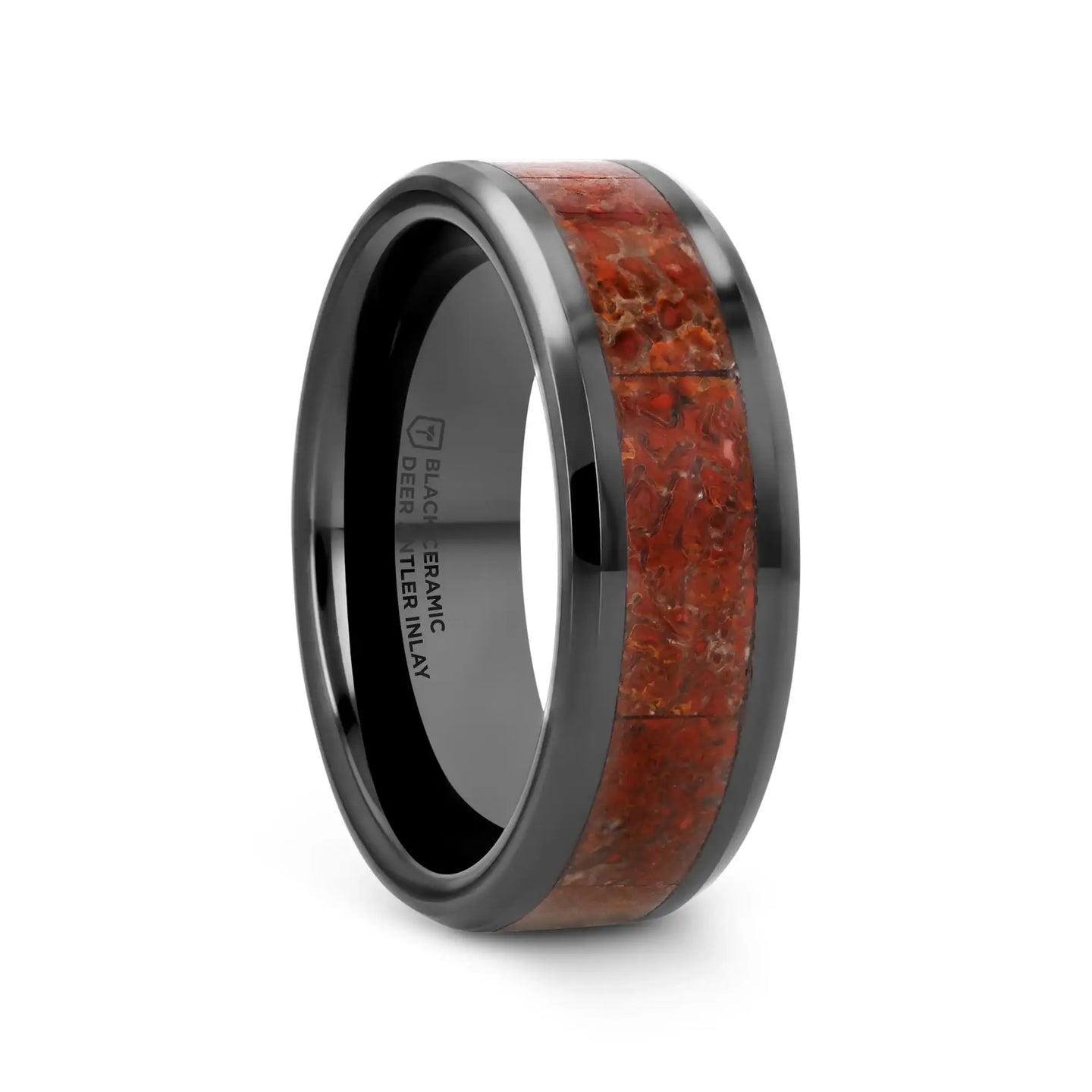 TRIASSIC Red Dinosaur Bone Inlaid Black Ceramic Beveled Edged Ring - 4mm & 8mm - Larson Jewelers