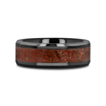 TRIASSIC Red Dinosaur Bone Inlaid Black Ceramic Beveled Edged Ring - 4mm & 8mm - Larson Jewelers