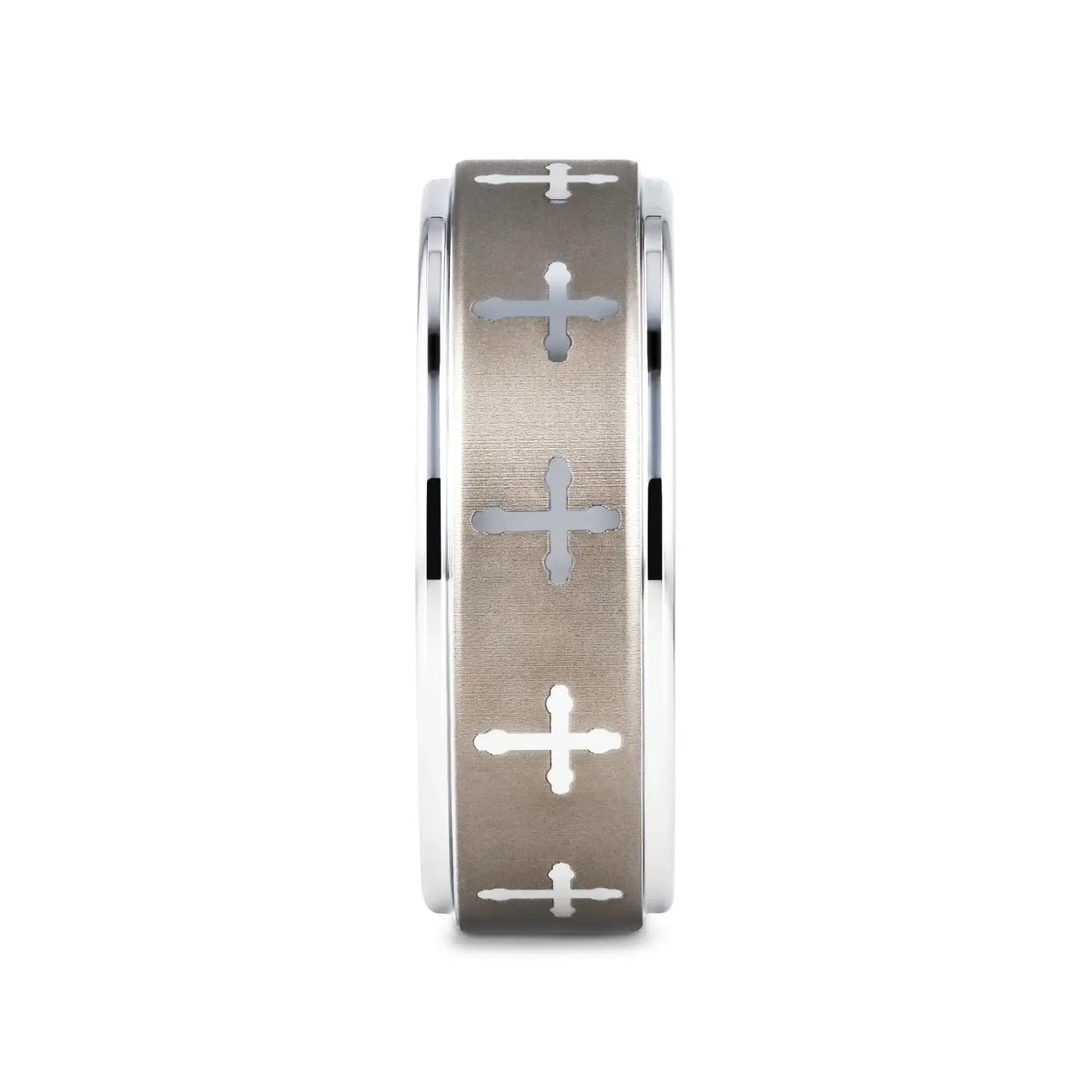 TRINITY Raised Center with Engraved Crosses Men's Tungsten Wedding Band – 8mm - Larson Jewelers