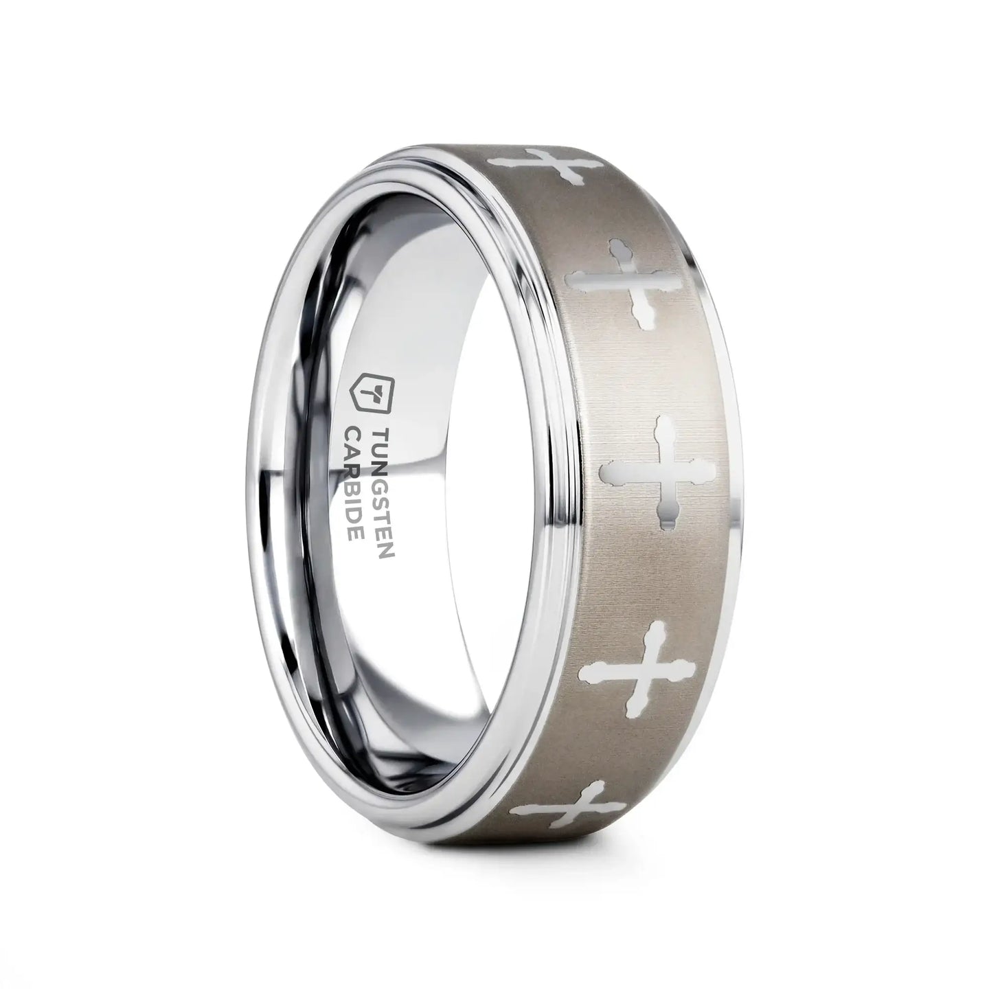 TRINITY Raised Center with Engraved Crosses Men's Tungsten Wedding Band – 8mm - Larson Jewelers