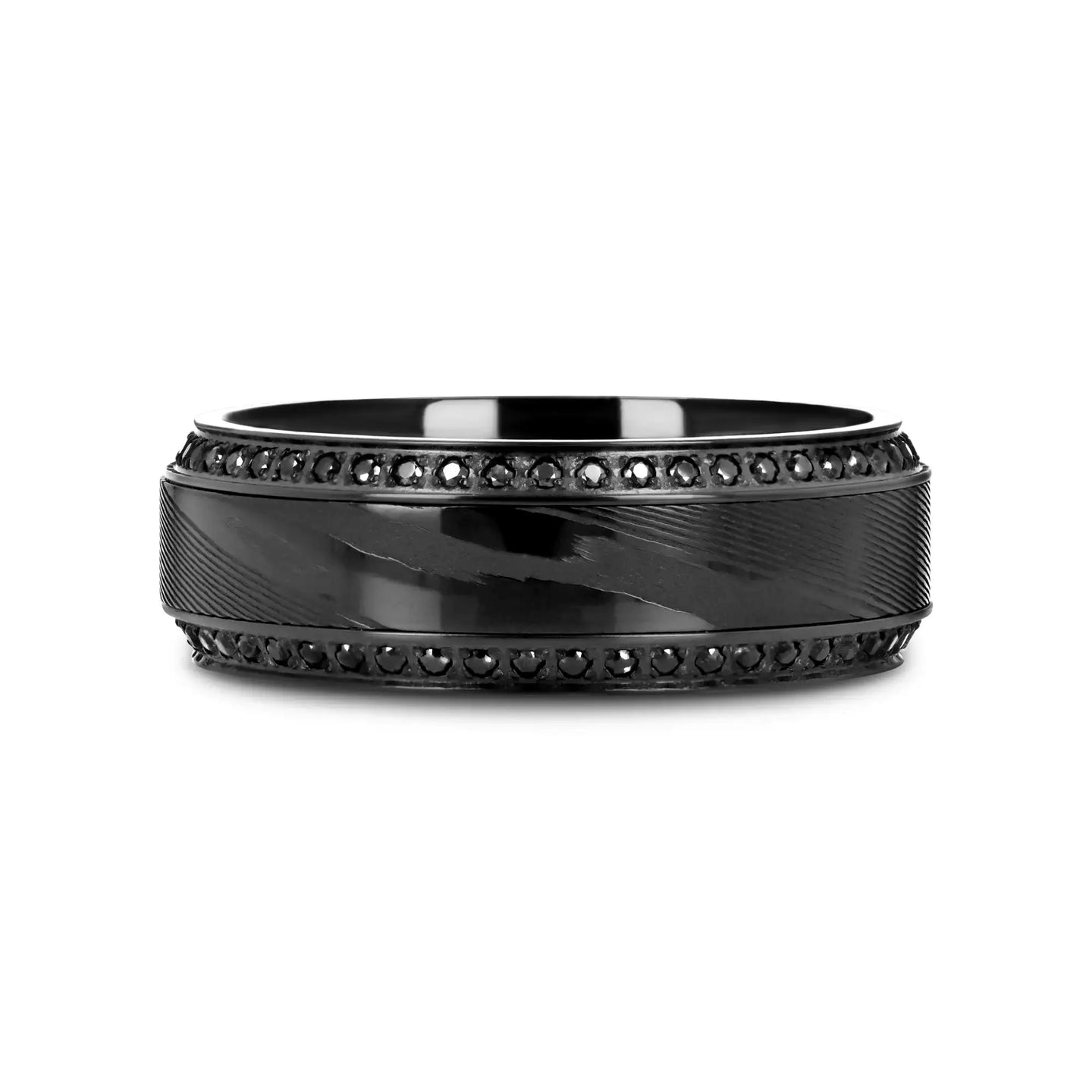 TROPHY Black Damascus Steel Inlaid Polished Black Titanium Men's Wedding Band With Black Sapphire Beveled Edges - 8mm - Larson Jewelers