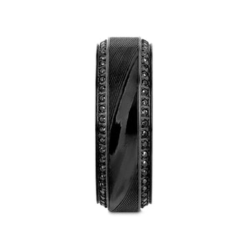 TROPHY Black Damascus Steel Inlaid Polished Black Titanium Men's Wedding Band With Black Sapphire Beveled Edges - 8mm - Larson Jewelers