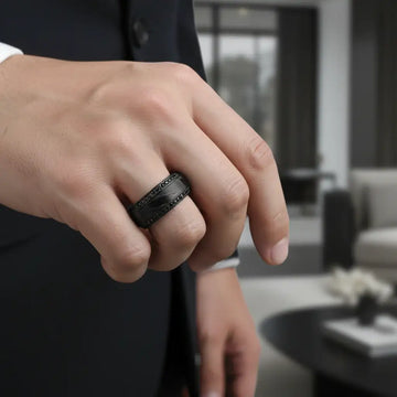 TROPHY Black Damascus Steel Inlaid Polished Black Titanium Men's Wedding Band With Black Sapphire Beveled Edges - 8mm - Larson Jewelers