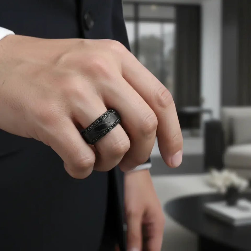 TROPHY Black Damascus Steel Inlaid Polished Black Titanium Men's Wedding Band With Black Sapphire Beveled Edges - 8mm - Larson Jewelers
