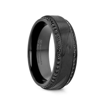 TROPHY Black Damascus Steel Inlaid Polished Black Titanium Men's Wedding Band With Black Sapphire Beveled Edges - 8mm - Larson Jewelers