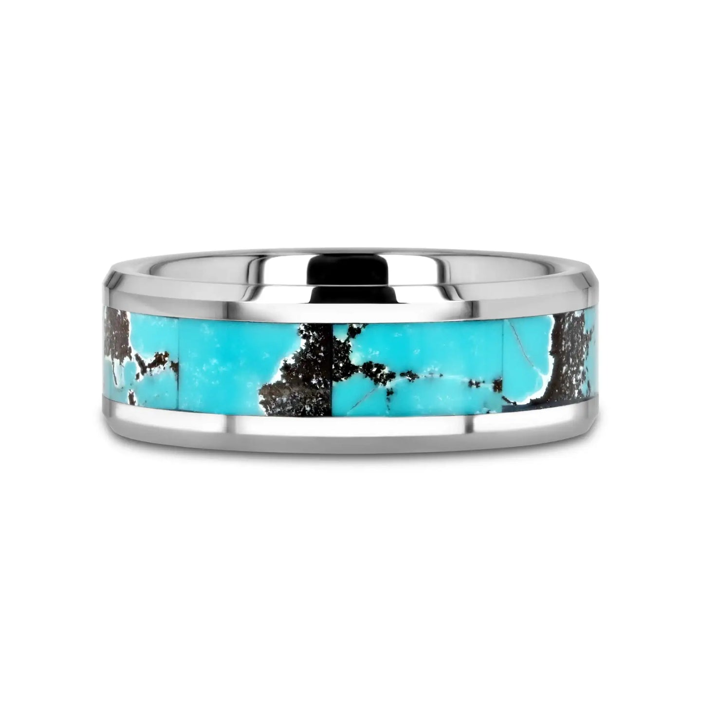 TURKIS Turquoise Spider Web Inlay Tungsten Carbide ring with Beveled Polished Edges - 8mm - Larson Jewelers