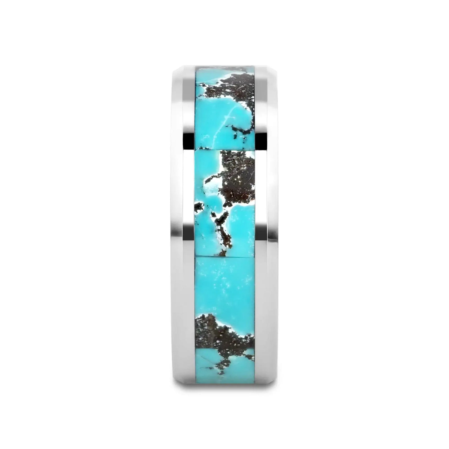 TURKIS Turquoise Spider Web Inlay Tungsten Carbide ring with Beveled Polished Edges - 8mm - Larson Jewelers