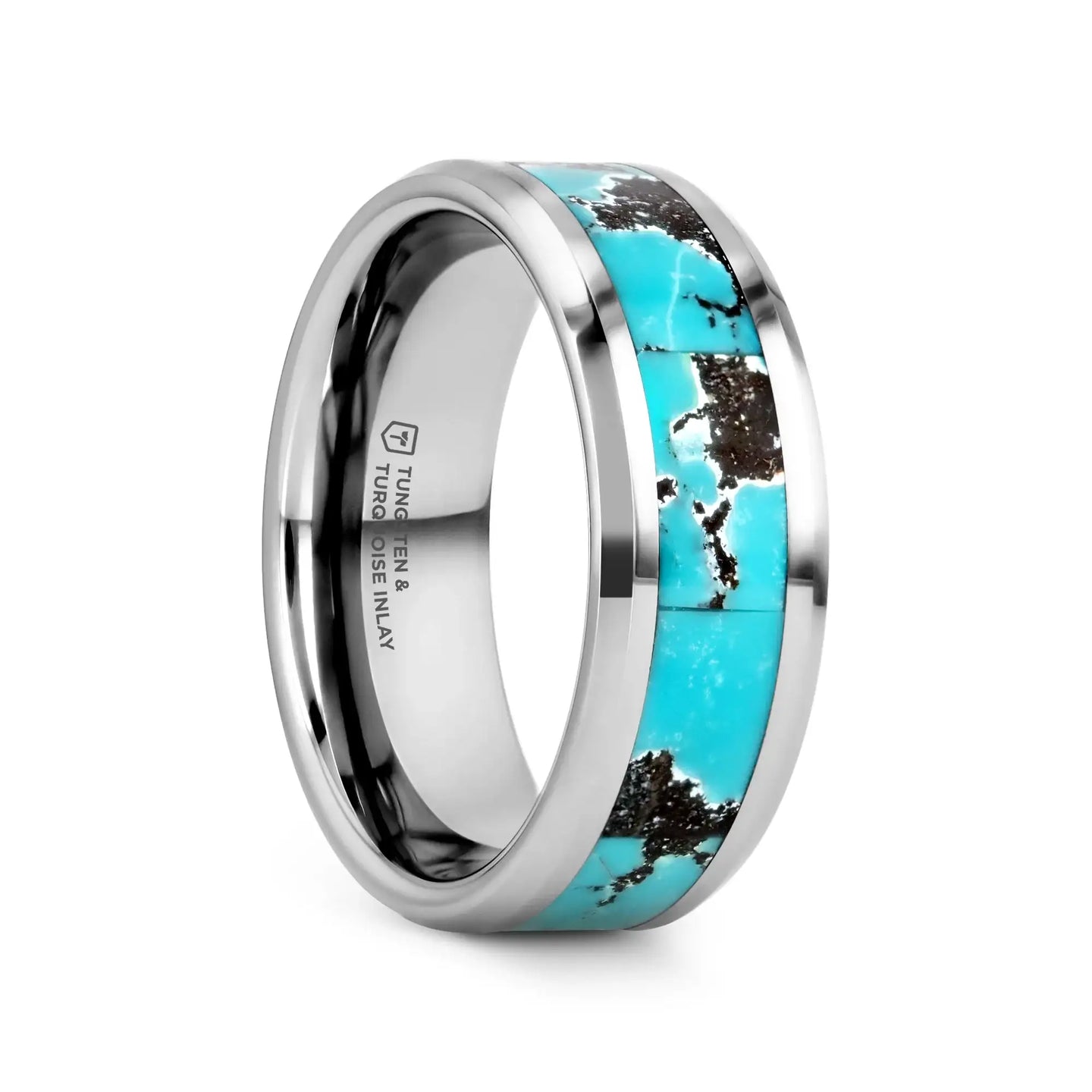 TURKIS Turquoise Spider Web Inlay Tungsten Carbide ring with Beveled Polished Edges - 8mm - Larson Jewelers