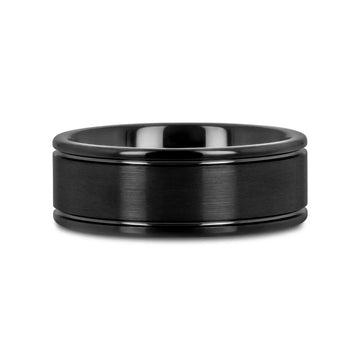 TURNER Black Tungsten Carbide Wedding Band – Flat Brushed Center, Dual Offset Grooves, Polished Edges (6mm & 8mm) - Larson Jewelers