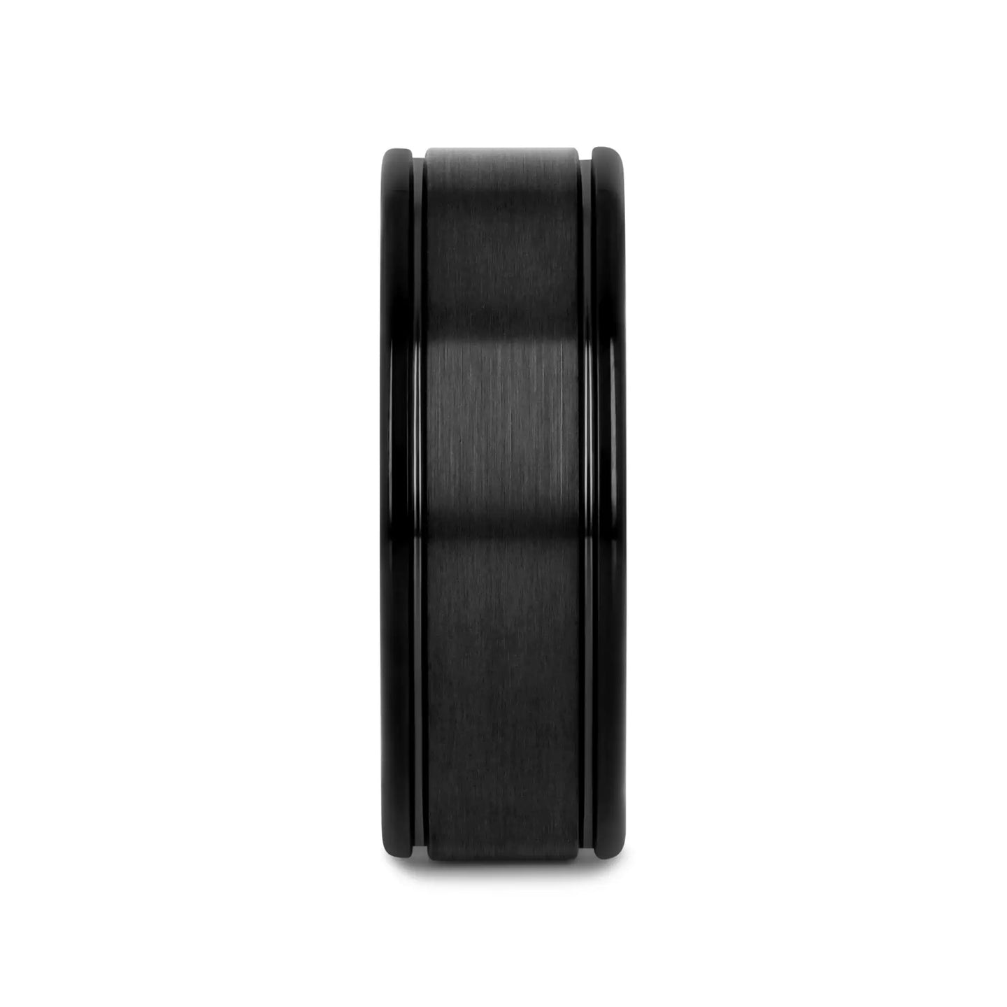 TURNER Black Tungsten Carbide Wedding Band – Flat Brushed Center, Dual Offset Grooves, Polished Edges (6mm & 8mm) - Larson Jewelers