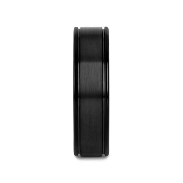 TURNER Black Tungsten Carbide Wedding Band – Flat Brushed Center, Dual Offset Grooves, Polished Edges (6mm & 8mm) - Larson Jewelers