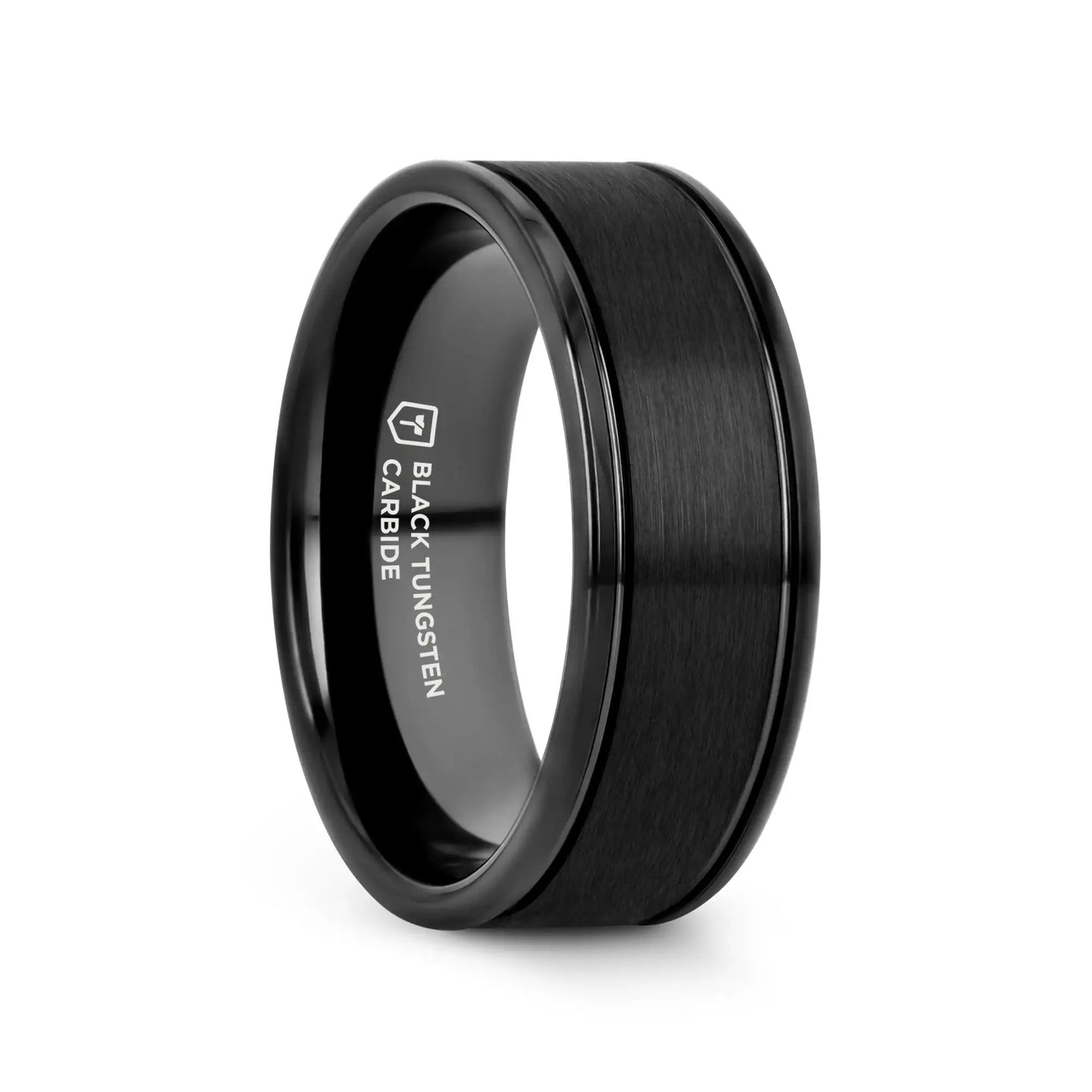TURNER Black Tungsten Carbide Wedding Band – Flat Brushed Center, Dual Offset Grooves, Polished Edges (6mm & 8mm) - Larson Jewelers