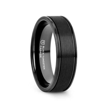 TURNER Black Tungsten Carbide Wedding Band – Flat Brushed Center, Dual Offset Grooves, Polished Edges (6mm & 8mm) - Larson Jewelers