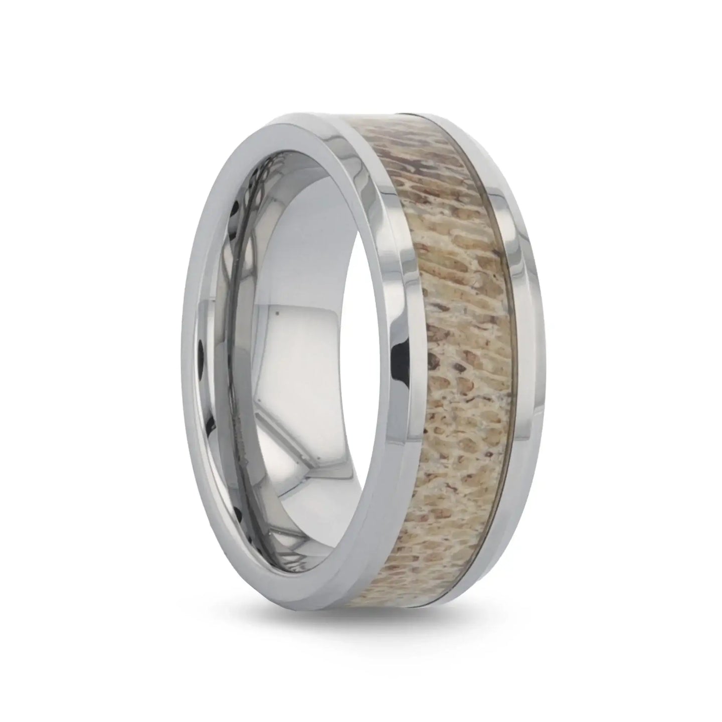 VENADO Beveled Tungsten Carbide Polished Men's Wedding Band with Variable Antler Inlay - 8mm - Larson Jewelers