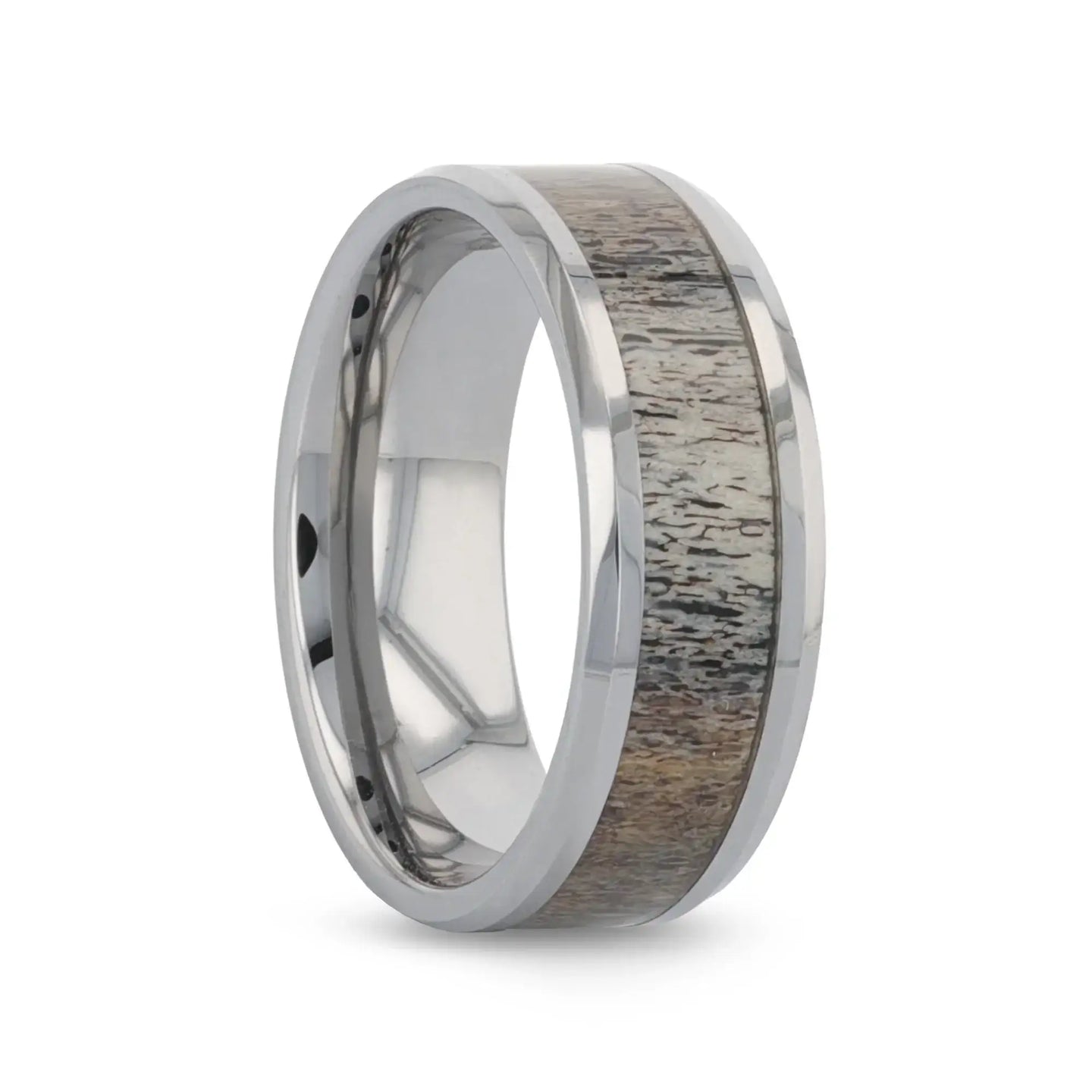 VENADO Beveled Tungsten Carbide Polished Men's Wedding Band with Variable Antler Inlay - 8mm - Larson Jewelers