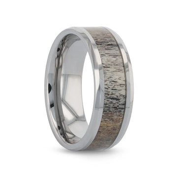 VENADO Beveled Tungsten Carbide Polished Men's Wedding Band with Variable Antler Inlay - 8mm - Larson Jewelers