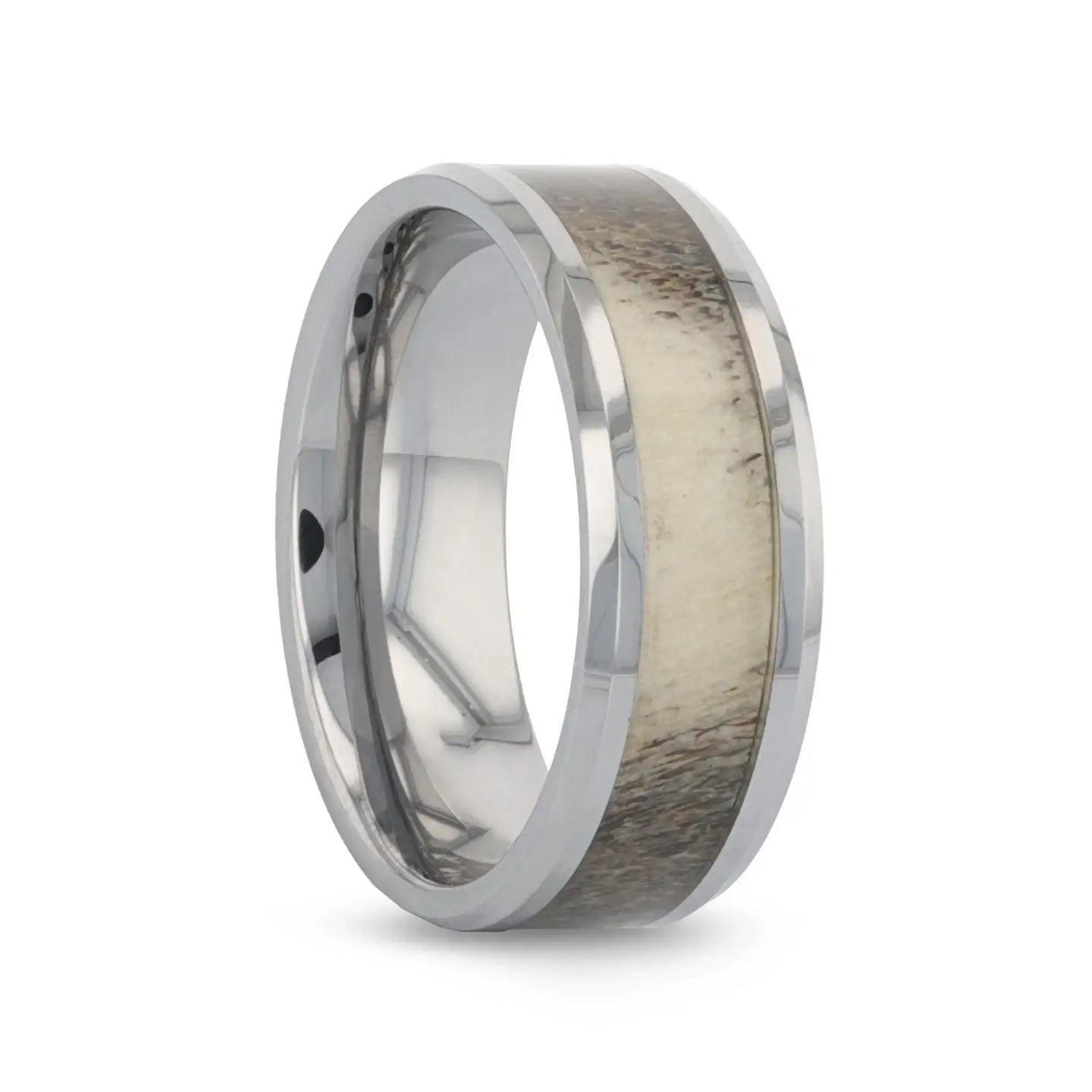 VENADO Beveled Tungsten Carbide Polished Men's Wedding Band with Variable Antler Inlay - 8mm - Larson Jewelers
