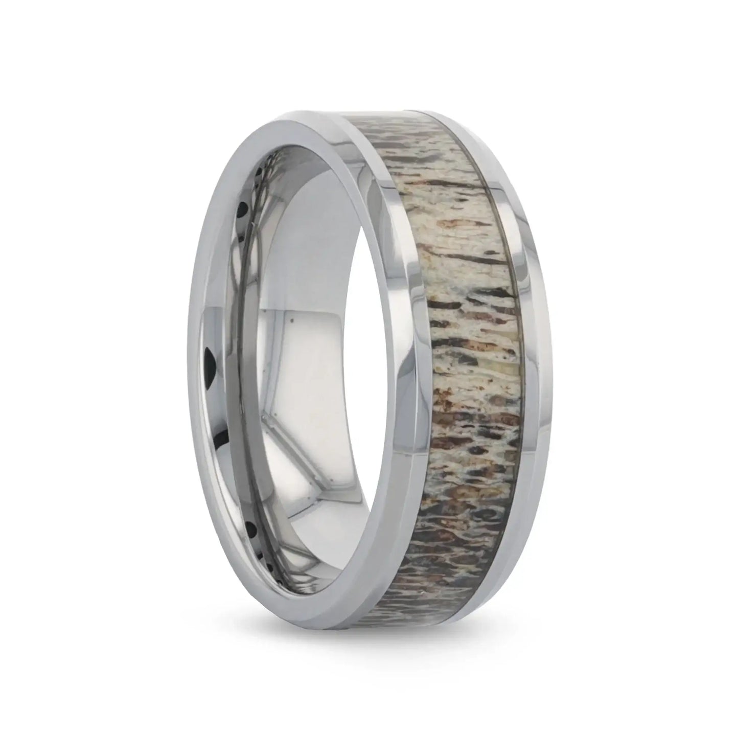 VENADO Beveled Tungsten Carbide Polished Men's Wedding Band with Variable Antler Inlay - 8mm - Larson Jewelers