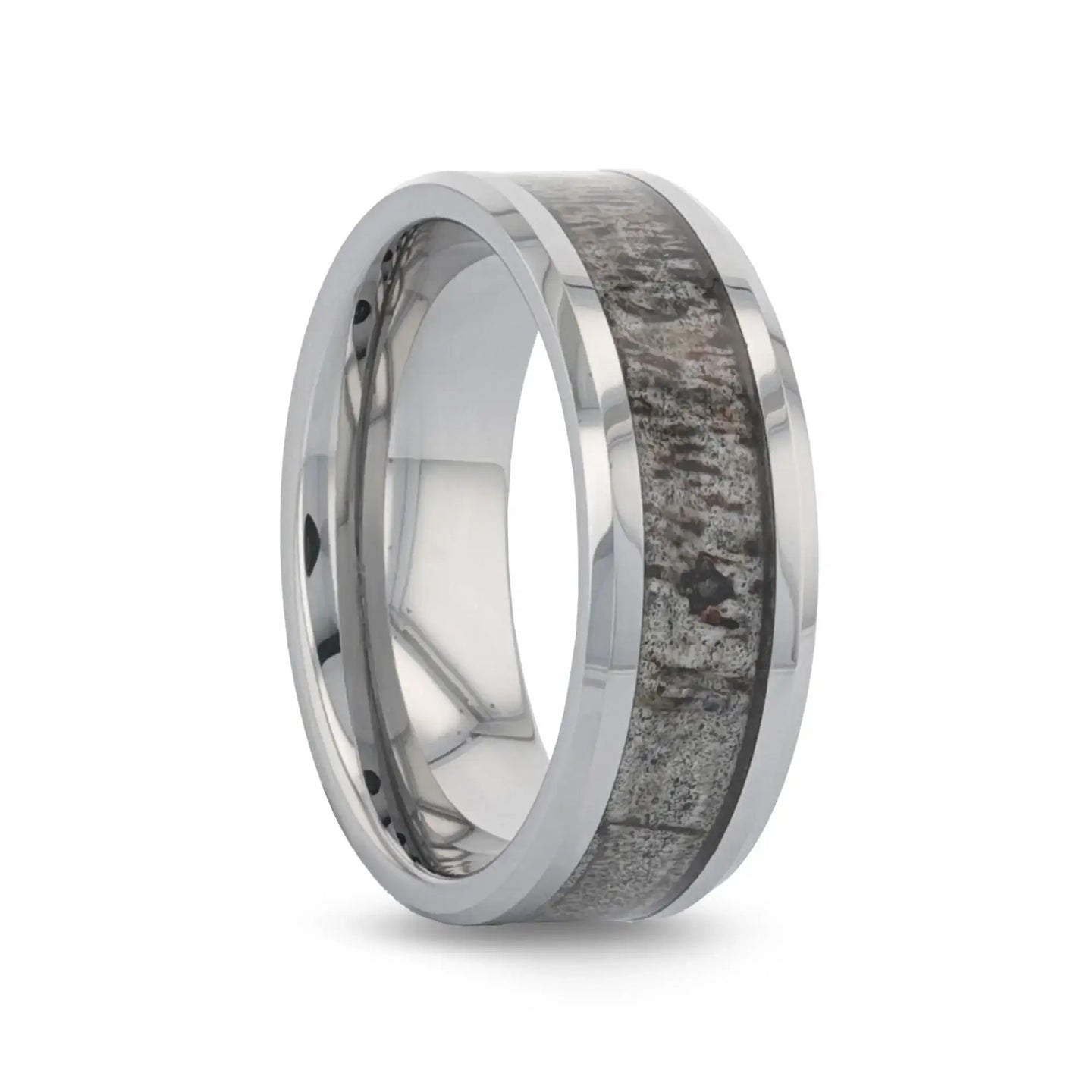 VENADO Beveled Tungsten Carbide Polished Men's Wedding Band with Variable Antler Inlay - 8mm - Larson Jewelers