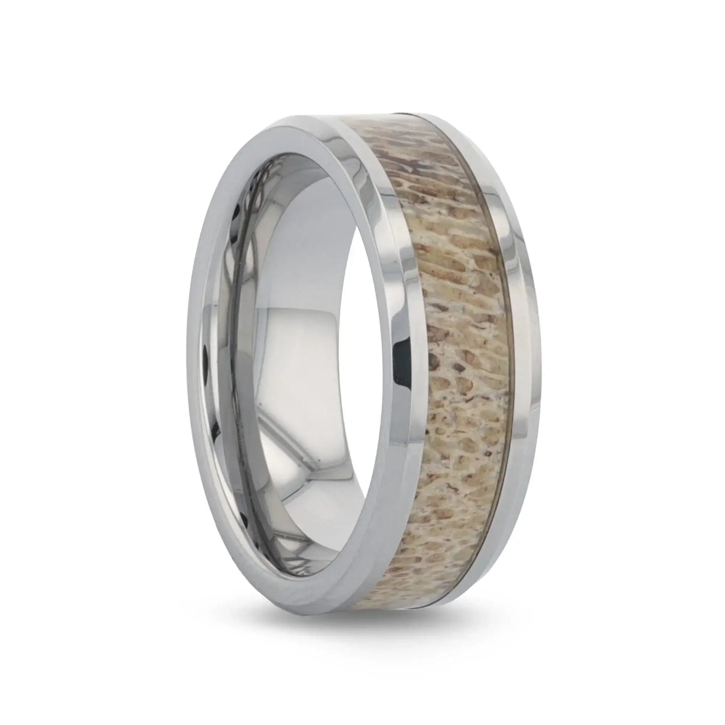 VENADO Beveled Tungsten Carbide Polished Men's Wedding Band with Variable Antler Inlay - 8mm - Larson Jewelers