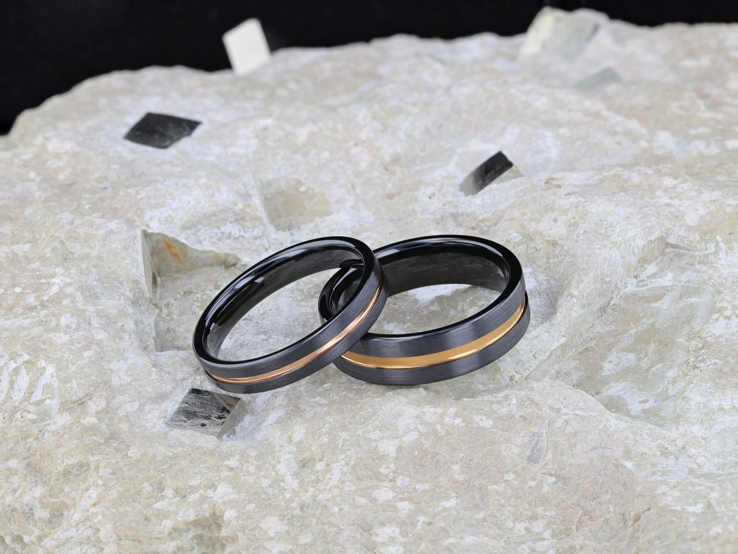 VENICE Black Ceramic Wedding Band with Rose Gold Groove - 4mm - 10mm - Larson Jewelers