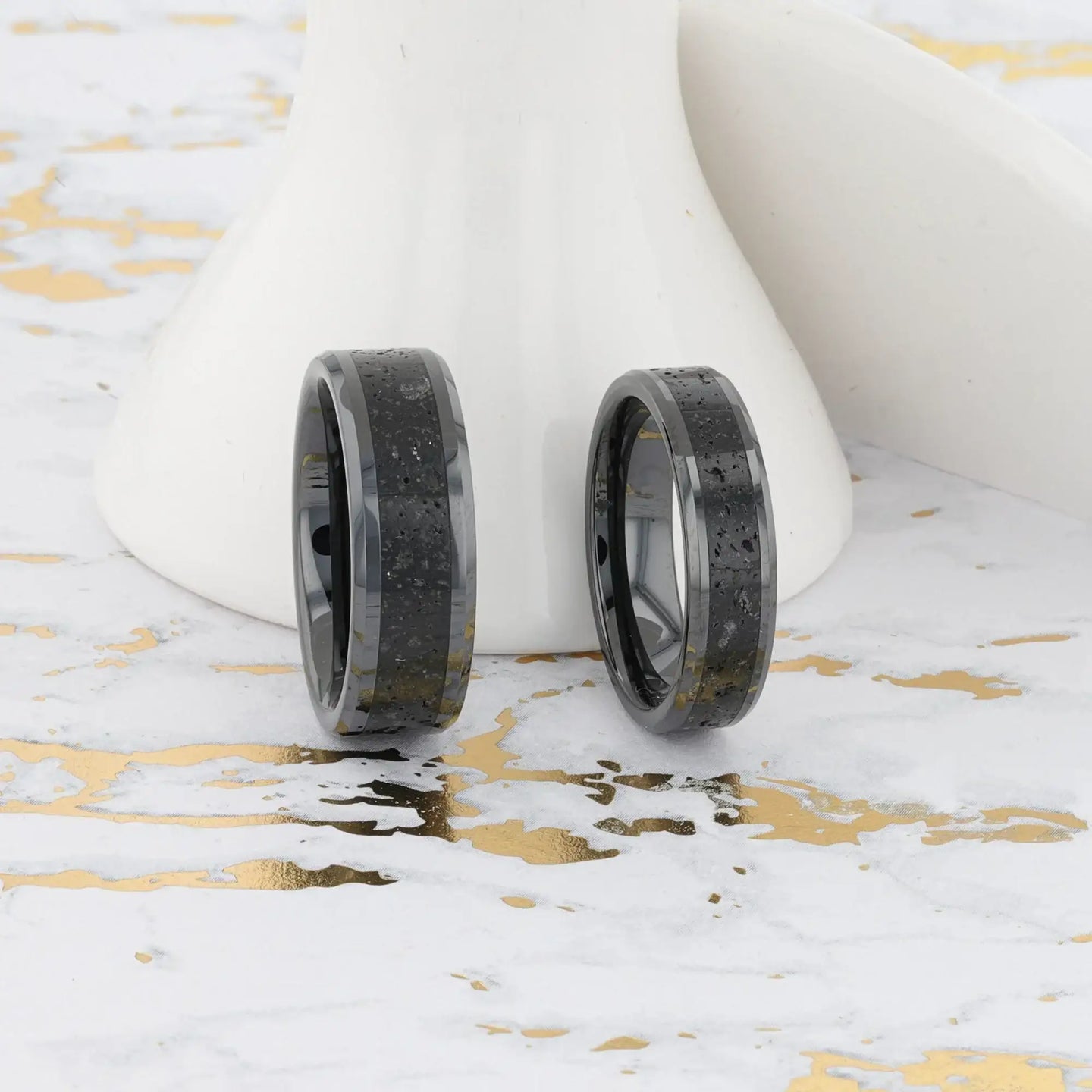 VESUVIUS Men’s Polished Black Ceramic Wedding Band with Black & Gray Lava Rock Stone Inlay & Polished Beveled Edges - 6mm & 8mm - Larson Jewelers