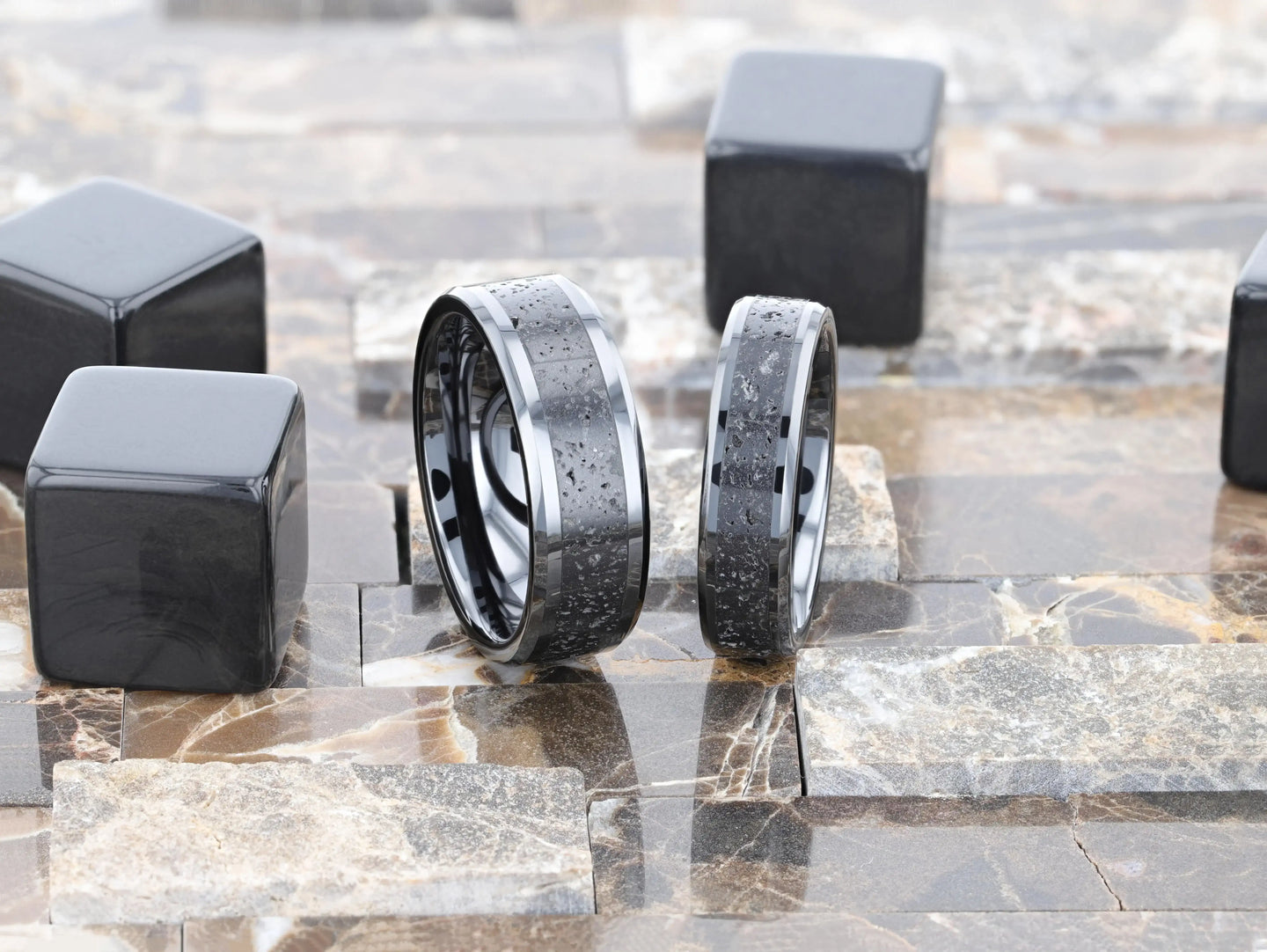VESUVIUS Men’s Polished Black Ceramic Wedding Band with Black & Gray Lava Rock Stone Inlay & Polished Beveled Edges - 6mm & 8mm - Larson Jewelers