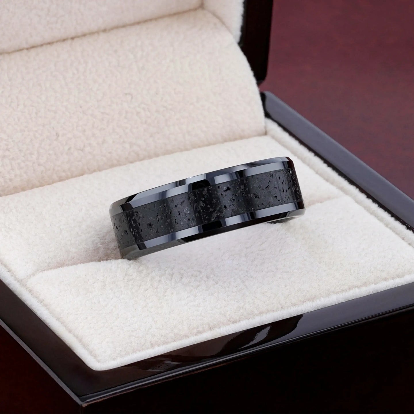 VESUVIUS Men’s Polished Black Ceramic Wedding Band with Black & Gray Lava Rock Stone Inlay & Polished Beveled Edges - 6mm & 8mm - Larson Jewelers