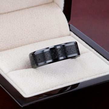 VESUVIUS Men’s Polished Black Ceramic Wedding Band with Black & Gray Lava Rock Stone Inlay & Polished Beveled Edges - 6mm & 8mm - Larson Jewelers